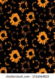 Seamless repeat pattern with flowers and polka-dot in black background. Hand drawn fabric, gift wrap, wall art design.