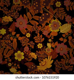 Seamless repeat pattern with flowers in red, brown and orange colors. Vector texture for fabric, gift wrap, wall art design.