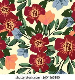 Seamless repeat pattern with flowers in red blue, yellow colors. Hand drawn fabric, gift wrap, wall art design.