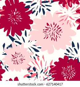 Seamless repeat pattern with flowers in red and pastel pink on white background. Hand drawn fabric, gift wrap, wall art design.