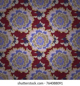 Seamless repeat pattern with flowers in red, beige and violet colors. Vector texture for fabric, gift wrap, wall art design.