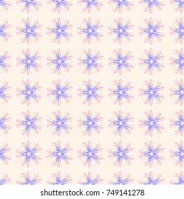 Seamless repeat pattern with flowers in violet, beige and pink colors. Seamless pattern for fabric, gift wrap, wall art design. Vector illustration.
