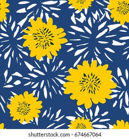 Seamless repeat pattern with flowers in white and yellow on blue background. Hand drawn fabric, gift wrap, wall art design.