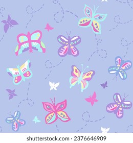 Seamless repeat pattern with flying butterflies in pink, purple, yellow, aqua. Pastel summer pattern for girls design, apparel, versatile stationery.