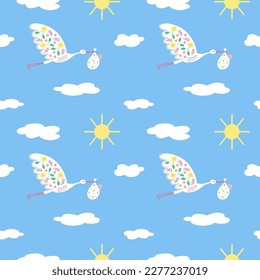 Seamless repeat pattern with a flying stork carrying a baby. Continuous background. Baby birth, baby shower. Vector