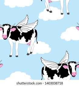 Seamless repeat pattern with flying winged cows in blue sky with white clouds
