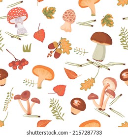 Seamless repeat pattern with forest mushrooms,autumn leaves,red berries, acorns and pine needles.Botanical background and texture for printing on fabric and paper.Vector cartoon isolated illustration.