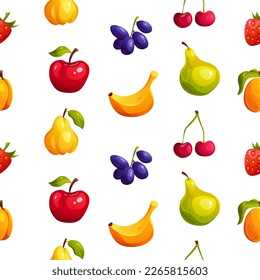 Seamless repeat pattern of fresh fruit and berries on white background. Hand-drawn Vector illustration in cartoon style.