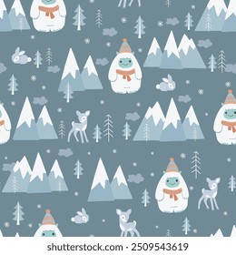 Seamless repeat pattern with funny yeti characters, kids cloth, holiday decoration, gift boxes, wrappi.