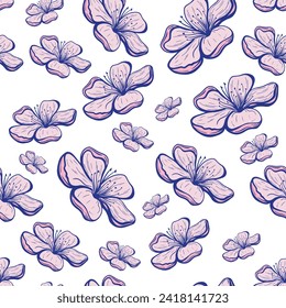 Seamless repeat pattern with gentle pink flowers of apple tree against white background. Good for wrapping paper or textile design.