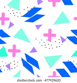 Seamless repeat pattern with geometric elements in neon colors. Blue, green and pink shapes on white background. Retro style abstract tiling background.