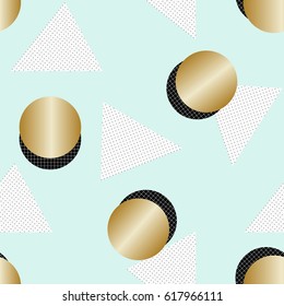 Seamless repeat pattern with geometric elements and textures in black, gold, light green and white. Retro style tiling background, poster, textile, greeting card design.