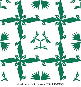 Seamless repeat pattern of geometric origami swans with dragonfly and lily elements. Green on a white background.