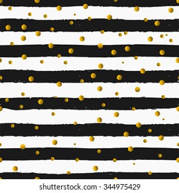 Seamless repeat pattern with gold foil confetti on black and white striped background. Tiling festive background, greeting card or wrapping paper.