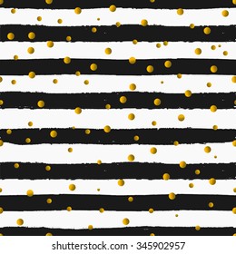 Seamless repeat pattern with gold foil confetti on black and white striped background. Tiling festive background, greeting card or wrapping paper.