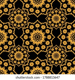 Patrón de fondo dorado floral, sin soldadura o repetido, para papel pintado, embalaje y textil. Tejidos modernos de mandala abstracta geométrica interminable sobre fondo negro para tejas y alfombras.