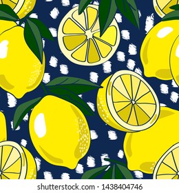 Seamless repeat pattern with graphic bold yellow lemons and leaves on white chunky texture and navy ground