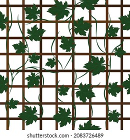 A seamless repeat pattern of green colored vine leaves climbing a brown colored wooden grid frame