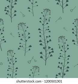 Seamless repeat pattern of green Shepherd's purse plant