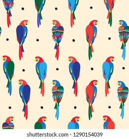 Seamless repeat pattern half drop with colorful tropical birds and black polka dots on a cream background