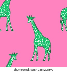 Seamless repeat pattern with half-drop bright lime green giraffe on a hot pink background with space