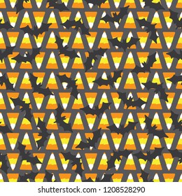 Seamless repeat pattern halloween bats and candy corns great for halloween party decor, fabric, costumes and more.