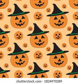 Seamless repeat pattern for Halloween with a Jack-o'-lantern pumpkins wearing a witch hat - Vector Illustration 