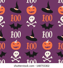 Seamless repeat pattern for Halloween in orange, purple, white and black.