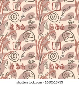 seamless repeat pattern with hand drawn leaves, branches and abstract shapes