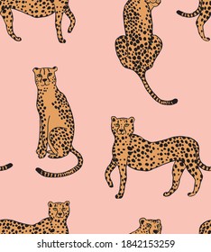 Seamless repeat pattern with hand drawn doodle sketched cheetah or leopard in different poses, half drop on a soft pink blush background