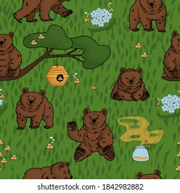 Seamless repeat pattern hand drawn bear that walks   sits  honey  forget me nots  beehive  smell honey  tree  branch  bees