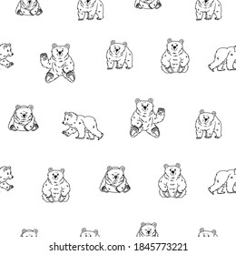 Seamless repeat pattern of hand drawn cute fluffy black white bear that walks and sits in different poses