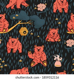 Seamless repeat pattern hand drawn bear that walks   sits  honey  forget me nots  beehive  smell honey  tree  branch  bees  Dark background