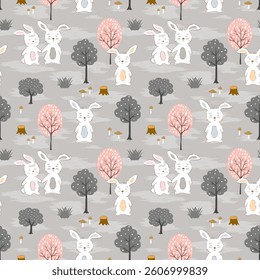 Seamless repeat pattern with hand drawn cute rabbits on spring forest,vector illustration