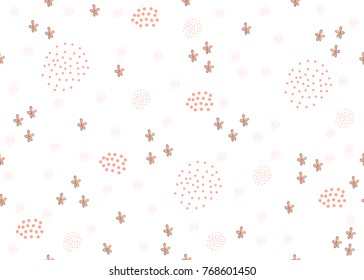 Seamless repeat Pattern with hand drawn small flowers and dots in pastel orange and pink on white background. Vector Illustration