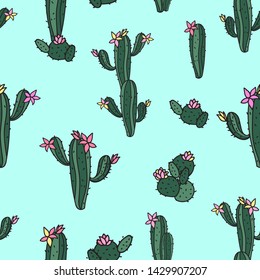 Seamless repeat pattern with hand-drawn doodle cactuses, cacti, pink and yellow blooms on aqua background