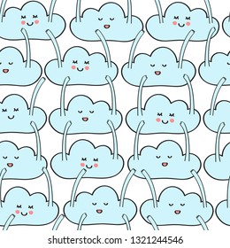 Seamless repeat pattern with happy blue dancing clouds with hands up waving in the air
