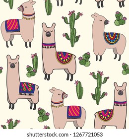 Seamless repeat pattern with happy llamas with colorful rugs on backs and blooming cactuses on cream background