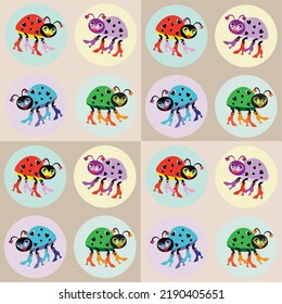 seamless repeat pattern of happy love bugs, ladybugs wearing boots