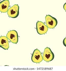 Seamless repeat pattern, happy tossed avocado friends with heart-shaped stones on a cream background 