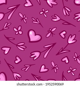 Seamless repeat pattern with hearts, tulips and butterflies. Cute pink texture for fabric, wrapping, print, web, banner, ad and other romantic design. Hand drawn vector illustration.