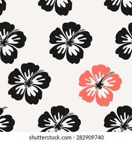 Seamless repeat pattern with hibiscus flowers and in black and red.