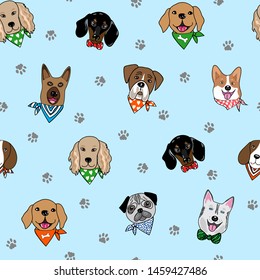 Seamless repeat pattern with hipster dogs wearing neck scarves, surrounded with paw prints