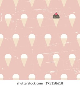 Seamless repeat pattern with ice cream cones in pastel pink, white and brown.