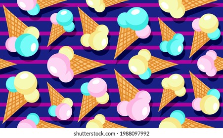 Seamless repeat pattern with ice cream in waffle cones on a stripped background. Flat vector colorful illustration.