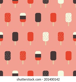Seamless repeat pattern with ice cream in pink, brown and white.
