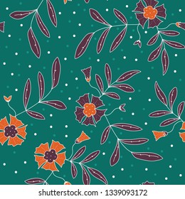 Seamless repeat pattern of Indonesian Asian traditional floral batik with flowers and leaves in flat outline ethnic style. Great for heritage design of fabric textile surface wallpaper.