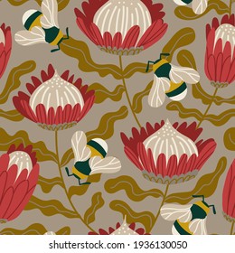 Seamless repeat pattern with insects and flowers. Hand drawn vector illustration with Cute bumblebee and protea.  