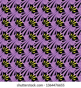 Seamless repeat pattern with intricate frog buttons and abstract leaves in geometric layout. Vector illustration in shades of pink, lilac, yellow, purple and black.