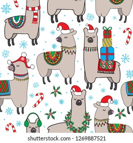 Seamless repeat pattern with Jolly Cute Winter Christmas Llamas with hats, colorful rugs, presents, gifts, candy cane, holly plants,  berries and snowflakes